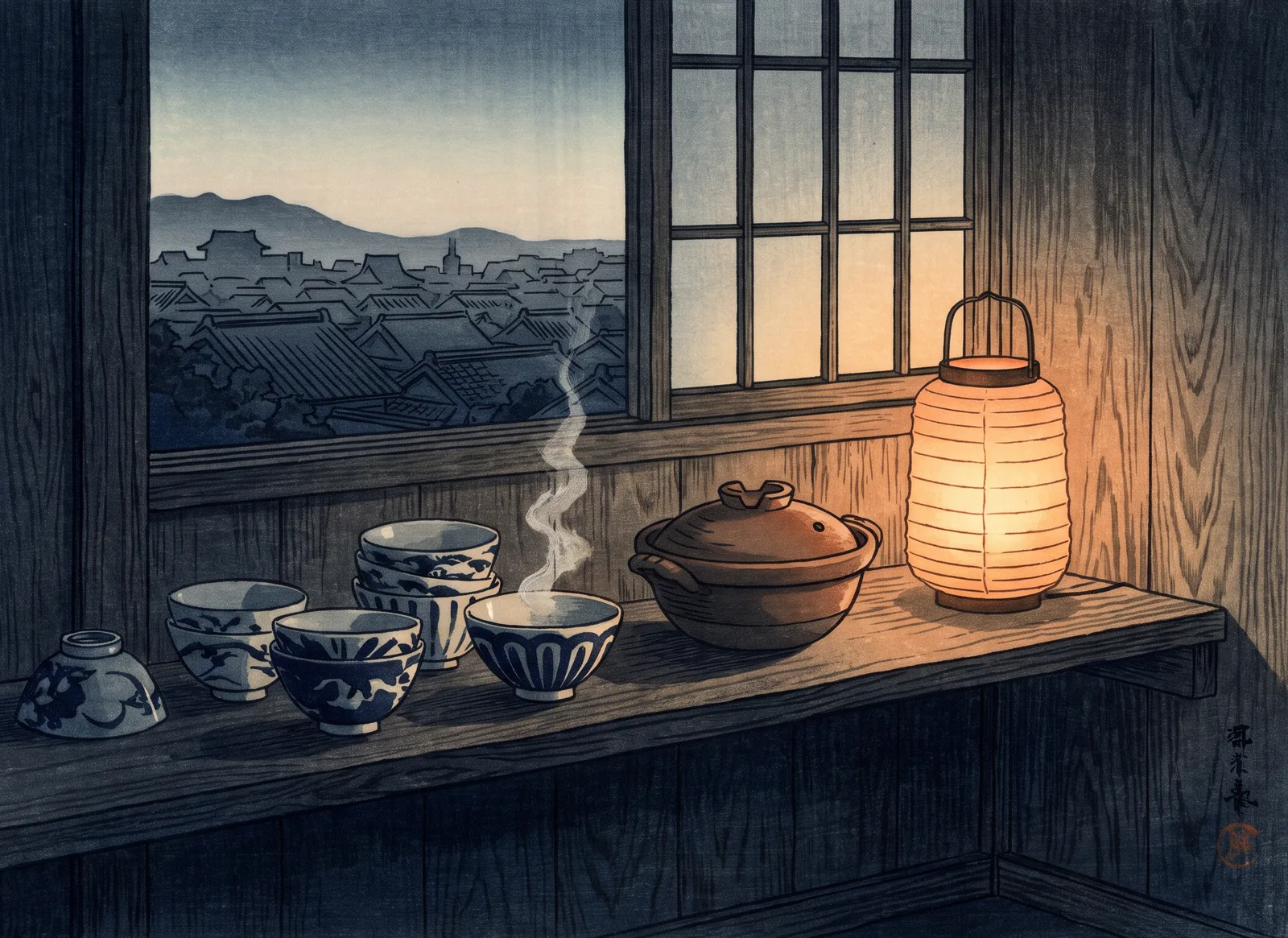 A woodblock-print kitchen shelf at night: rice bowls, a clay pot and a paper lantern by a window over the sleeping city